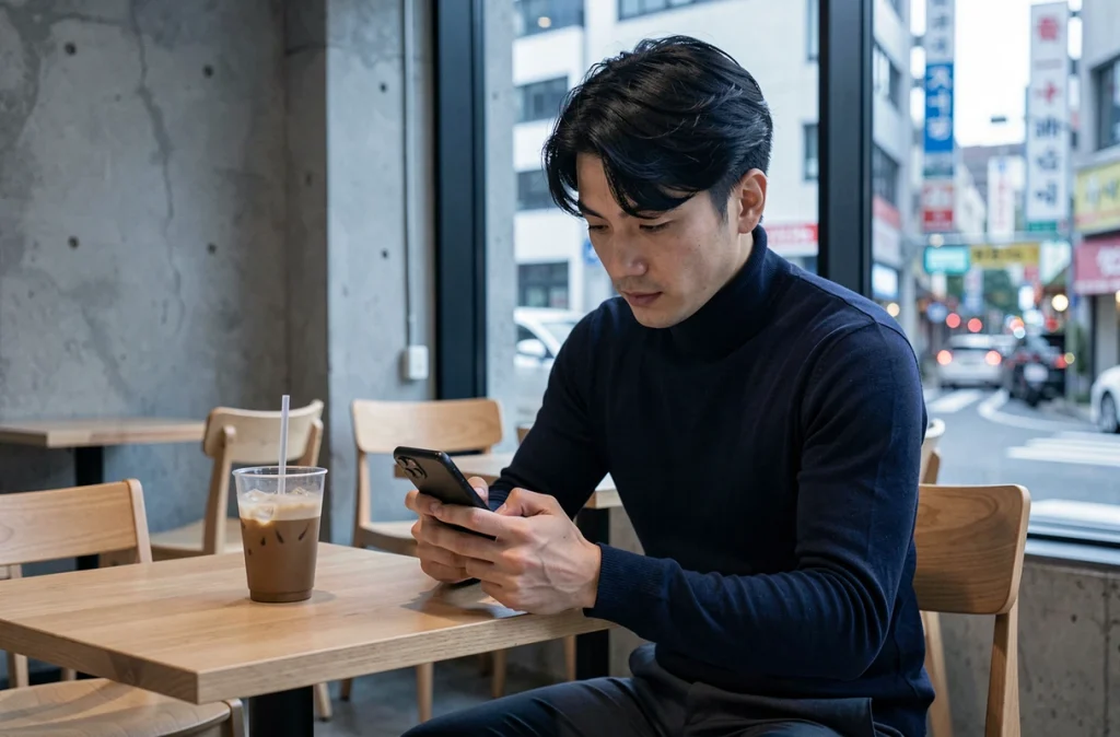 Homme lisant un webtoon coréen sur smartphone dans un café moderne de Séoul