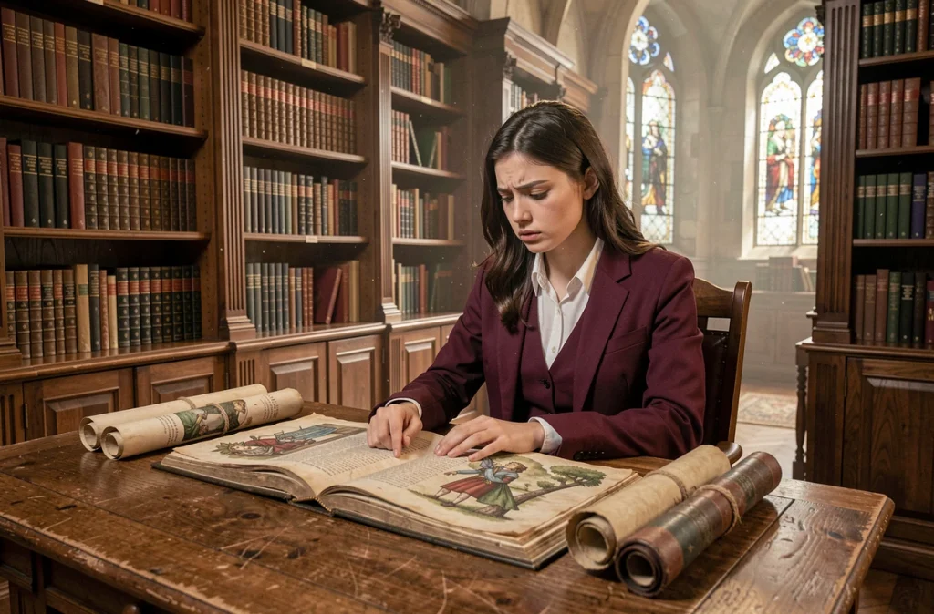Jeune femme en uniforme dark academia consultant des manuscrits dans une bibliothèque fantastique, évoquant les intrigues complexes et les arcs narratifs de The Fox-Eyed Villain of the Demon Academy