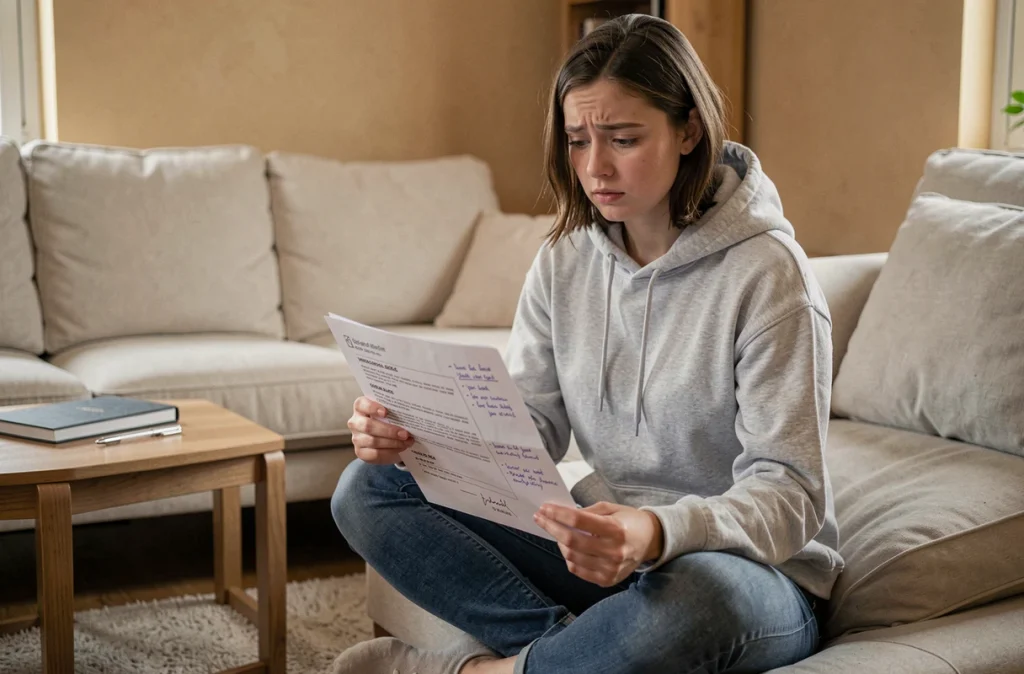 Jeune femme relisant son CV imprimé sur un canapé et découvrant une faute d'orthographe ou de grammaire