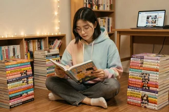 Jeune femme coréenne lisant un manhwa entourée de piles de webtoons dans une chambre cosy