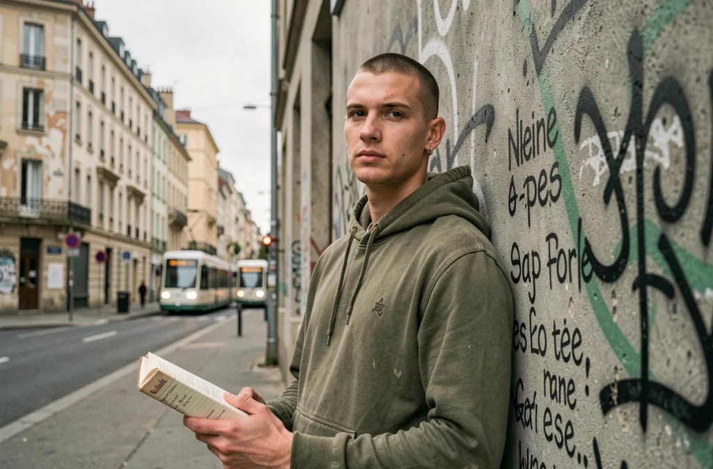 Jeune homme en milieu urbain tenant un livre annoté devant un mur de graffitis mêlant argot et lettrage celtique