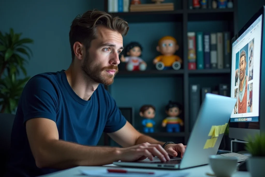 Jeune homme consultant un site de lecture de manga en ligne sur son ordinateur portable à son bureau