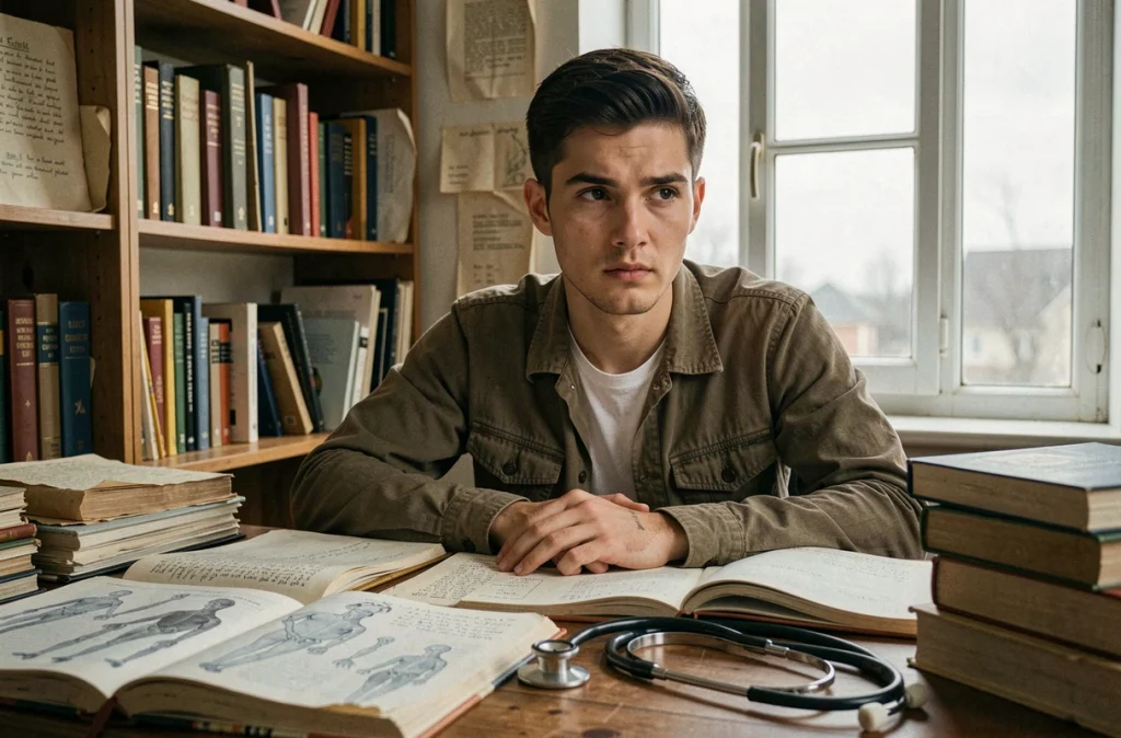Jeune homme studieux évoquant Leorio en train d'étudier la médecine dans une bibliothèque