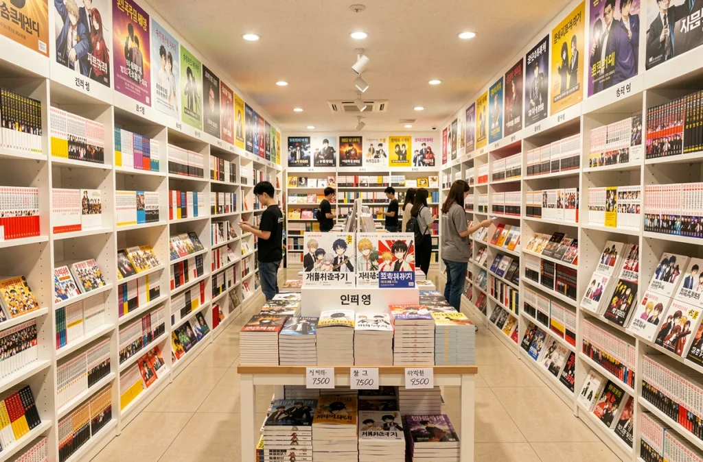 Rayon manhwa dans une librairie coréenne avec des séries webtoon populaires exposées