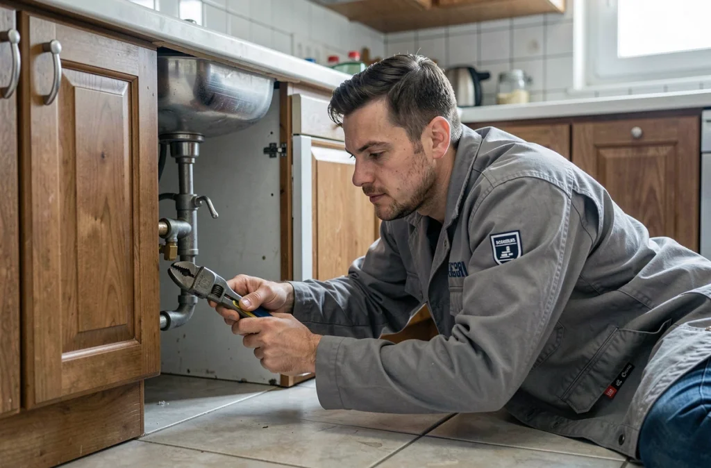 Plombier de MB Plomberie travaillant sous l'évier d'une cuisine dans un appartement français
