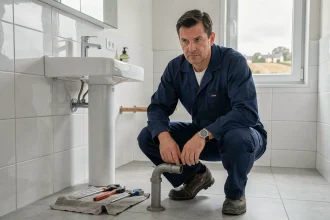 Plombier professionnel en uniforme bleu travaillant sur une installation de plomberie dans une salle de bain résidentielle française