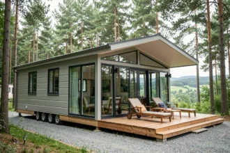 Mobil-home haut de gamme avec terrasse en bois et grandes baies vitrées dans un cadre forestier naturel