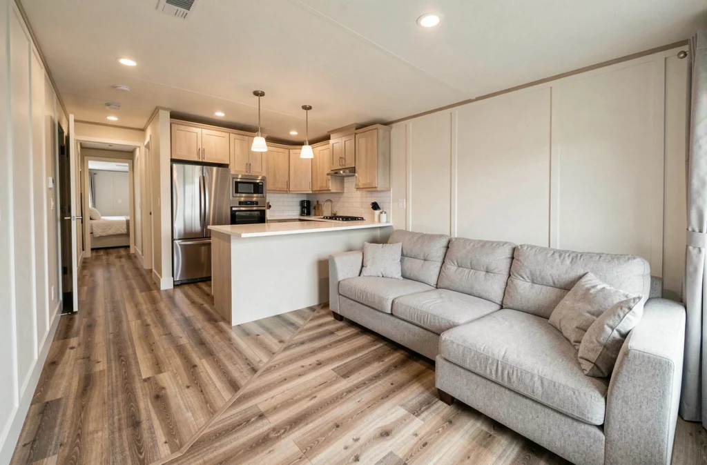 Intérieur luxueux d'un mobil-home haut de gamme avec cuisine équipée et salon moderne