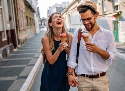 Portrait of happy couple having date and fun on vacation. People travel happiness concept