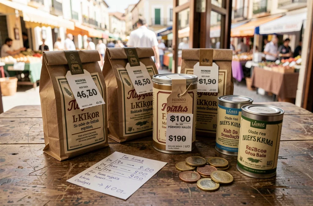 Vue rapprochée de seaux de tabac 1kg espagnols avec étiquettes de prix en euros sur une table en bois
