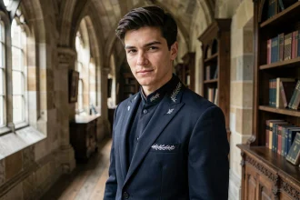 Jeune homme au regard renard vêtu d'un blazer sombre dans un couloir d'académie gothique, illustrant le protagoniste antagoniste du manga The Fox-Eyed Villain of the Demon Academy