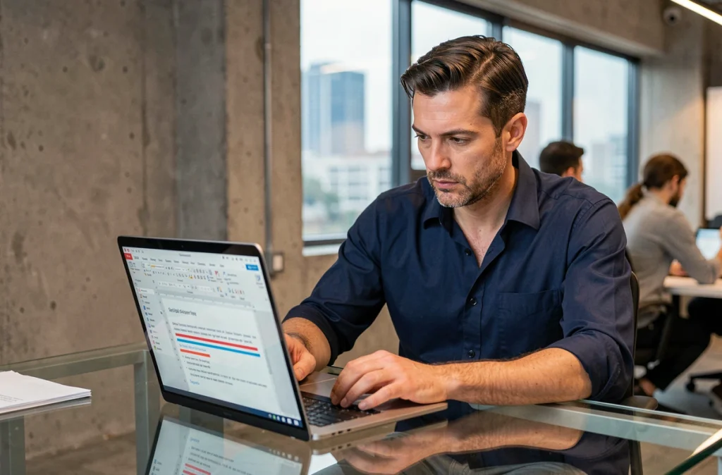 Homme concentré qui relit un email ou un CV sur un ordinateur portable dans un bureau moderne avec des fautes soulignées à l'écran