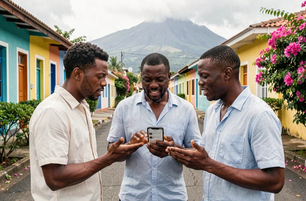 Groupe de Réunionnais consultant un nouveau média local sur smartphone en plein air