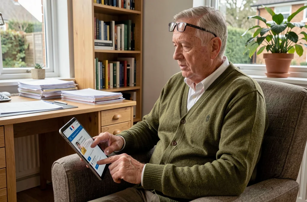 Senior utilisant une tablette pour accéder aux services administratifs en ligne du gouvernement français depuis son bureau à domicile
