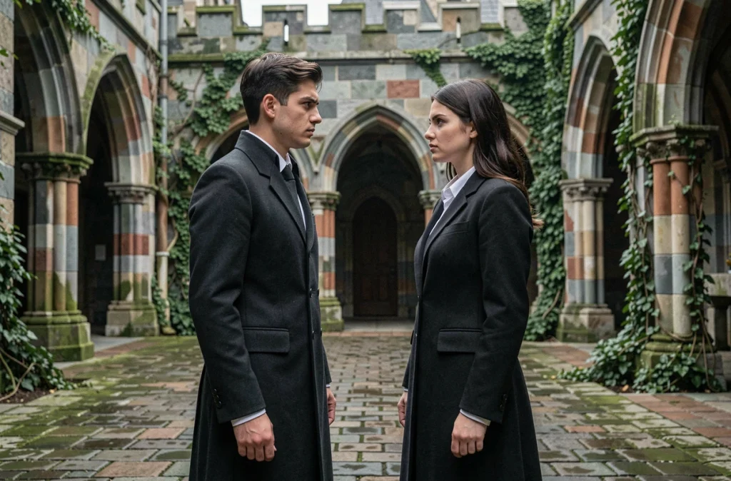 Deux personnages en uniforme d'académie fantasy se faisant face dans une cour gothique, symbolisant la tension dramatique et le rythme narratif de The Fox-Eyed Villain of the Demon Academy