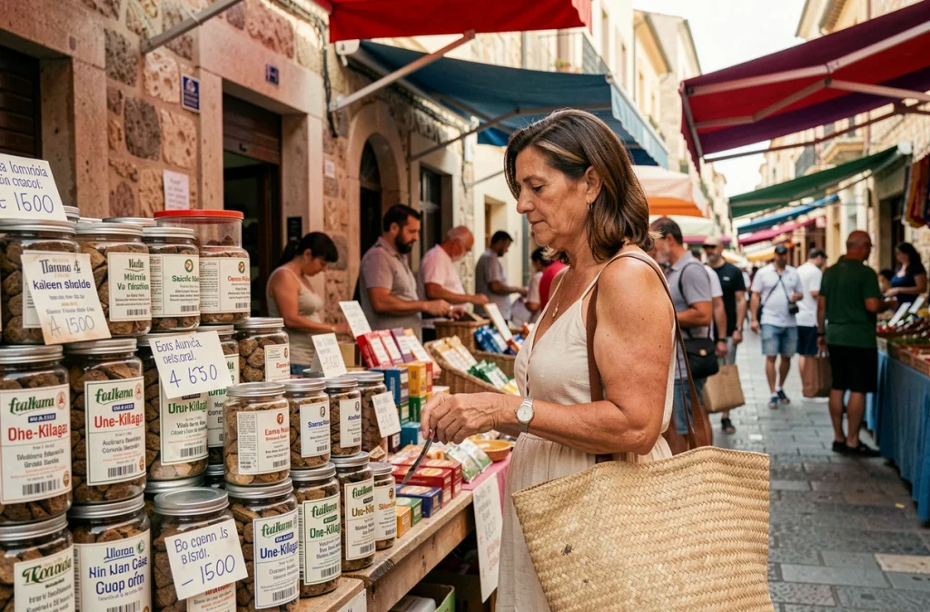 Femme touriste examinant des seaux de tabac 1kg dans un marché frontalier espagnol en plein air