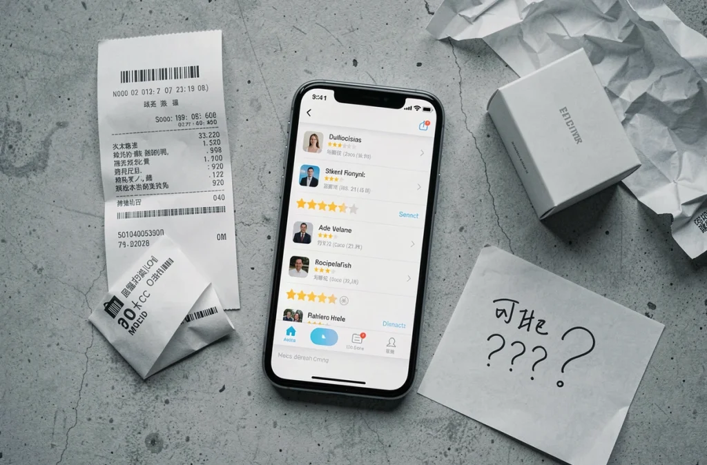 Vue en plongée d'un smartphone affichant des avis en ligne, un reçu imprimé et un produit déballé sur fond béton gris