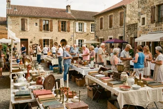 Vide grenier animé sur une place de village en Lot-et-Garonne avec des tables remplies d'objets vintage et des visiteurs qui flânent