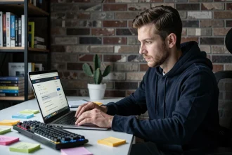 Homme utilisant un VPN sur ordinateur portable pour accéder à un site de torrents en 2026