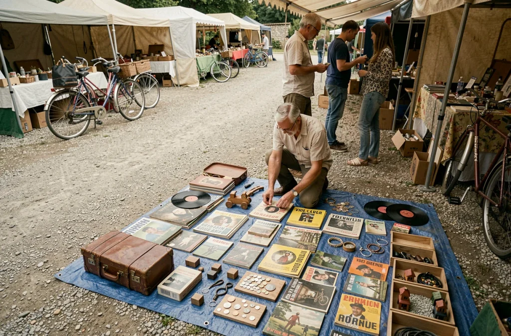Vue plongeante d'un étal de vide grenier en Lot-et-Garonne avec une collection d'objets anciens et de brocante étalés au sol